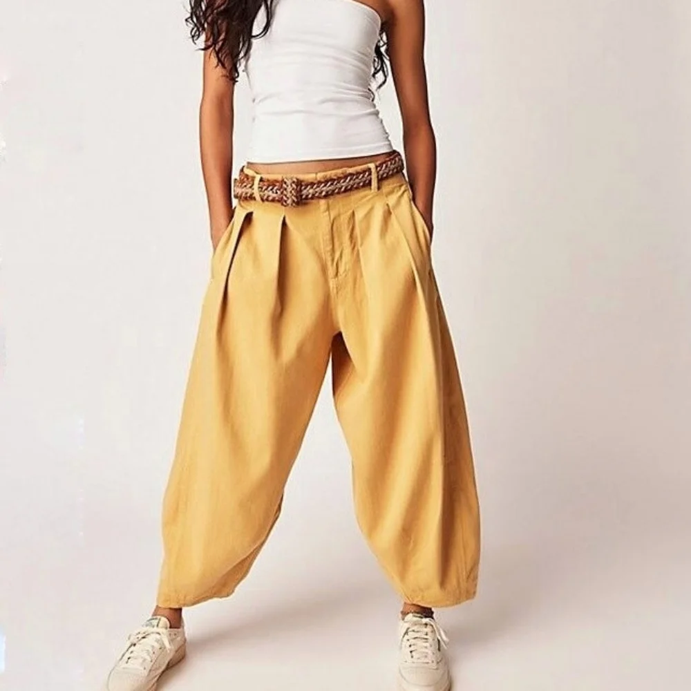 We The Free Ridley Mustard Pleated Wide-Leg Harem Jeans Oversized